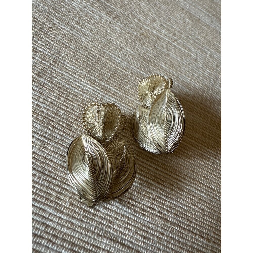 Vintage German Clip-On Earrings Wire Wrapped Gold Tone Mid Century Modern
